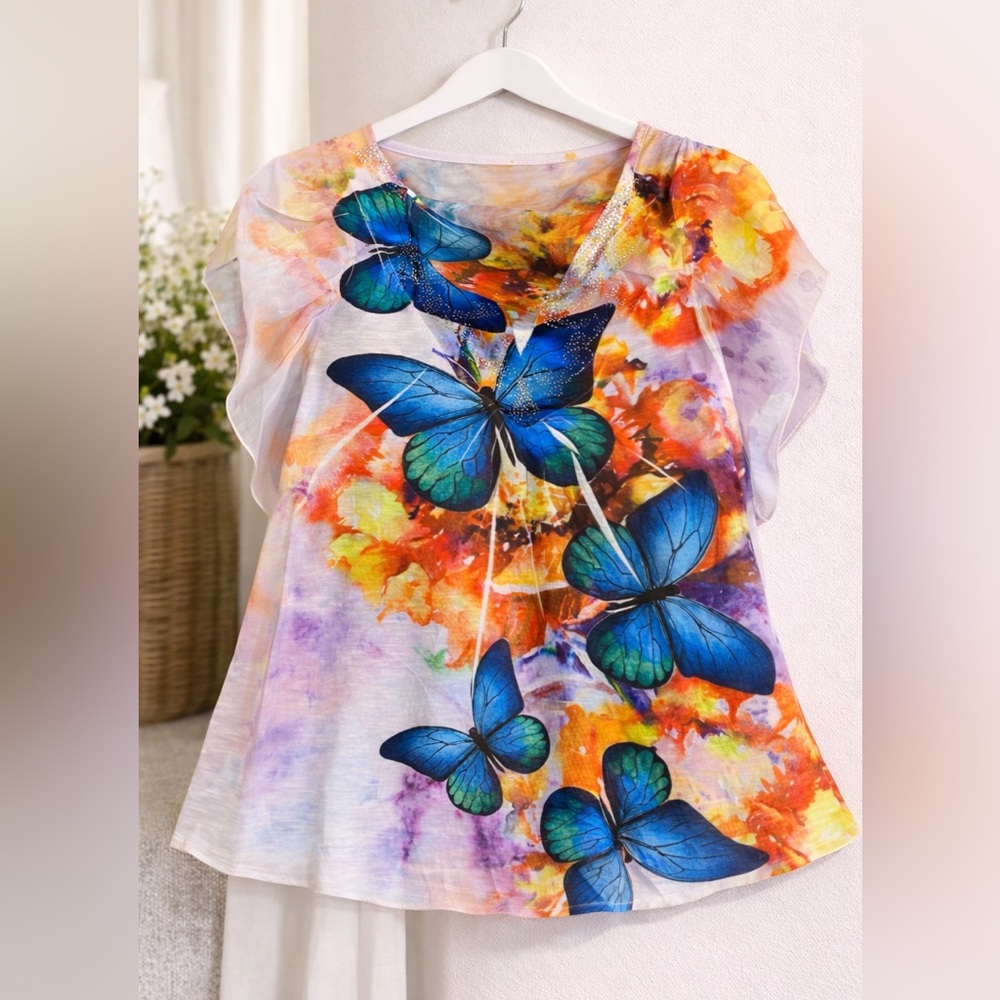 Unity Petite Large Multicolor Blue Butterfly Blouse with shear sleeves